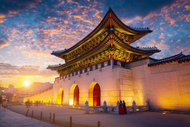 Historic Korean palace at sunset